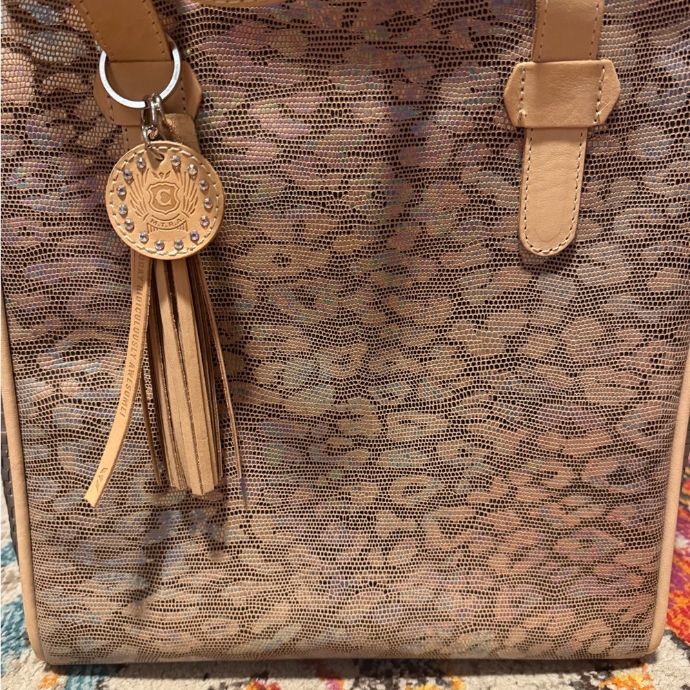 CONSUELA Tan Leopard-Pattern Tassel Tote Bag